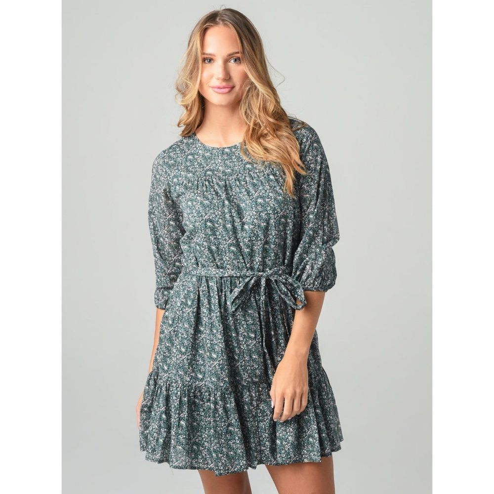 Trovata Birds Of Paradis Nia Short Tiered Dress Moss Ditsy Floral Green Medium